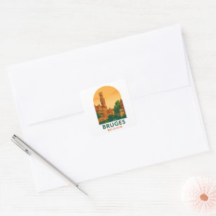 Vintage Brugge België Reis Kunst – Retro Europese Vierkante Sticker