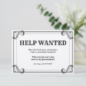 Vintage bruidsjonker hulp gevraagd advertentie kaart (Staand voorkant)