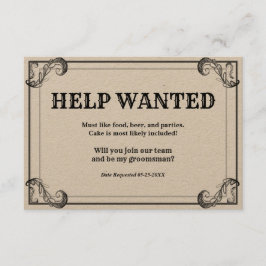 Vintage bruidsjonker hulp gevraagd advertentie kaart