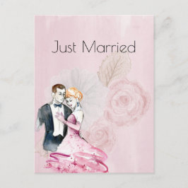 Vintage bruidspaar met roze roos net getrouwd aankondigingskaart
