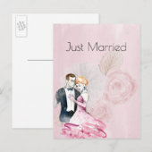 Vintage bruidspaar met roze roos net getrouwd aankondigingskaart (Voorkant / Achterkant)