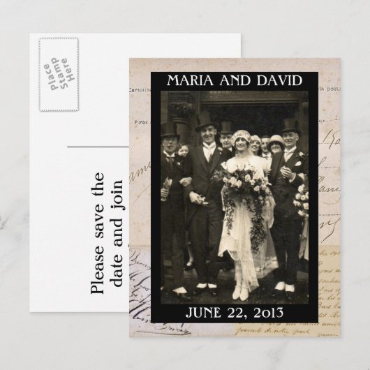 Vintage bruidspaar Save the Date Briefkaart (Voorkant / Achterkant)