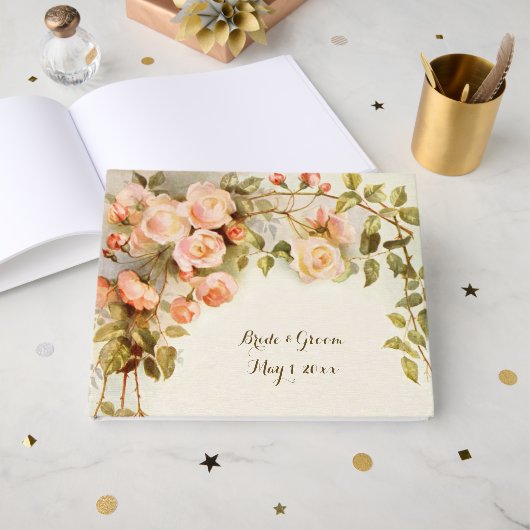 Vintage bruiloft Antiek roze rozenbloem Gastenboek (Voorkant open)