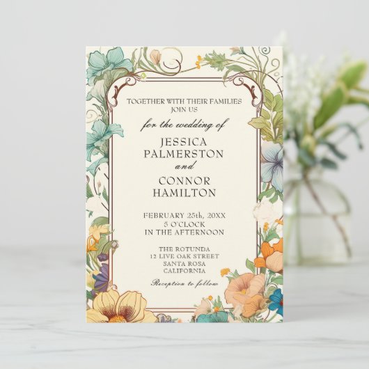 Vintage bruiloft Art Nouveau Bloemen Uitnodiging (Staand voorkant)