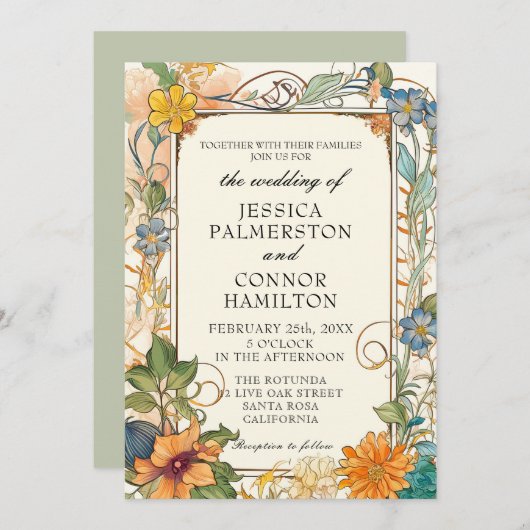 Vintage bruiloft Art Nouveau Bloemen Uitnodiging (Voorkant / Achterkant)