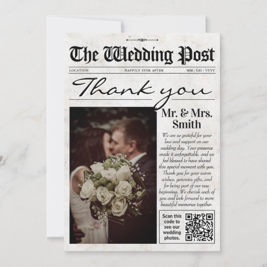 Vintage bruiloft bedankkaart, bruiloft krant bedankkaart (Voorkant)