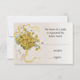 Vintage bruiloft, gele boterbloem bloemen en bijen RSVP kaartje