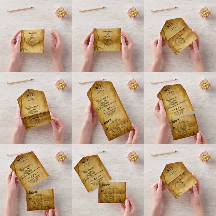 Vintage bruiloft Japanse bamboe kalligrafie kunst All In One Uitnodiging