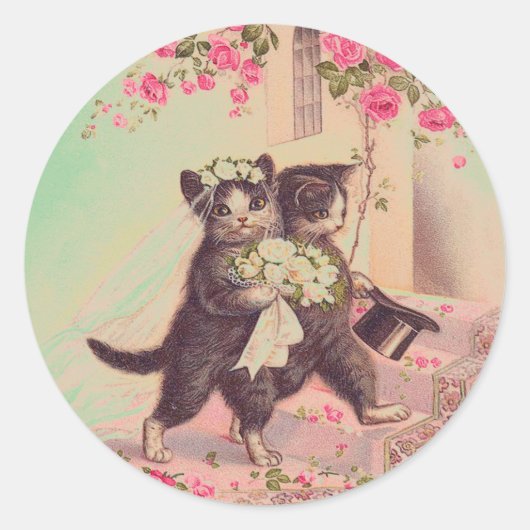 Vintage bruiloft katten bruid en bruidegom ronde sticker (Voorkant)