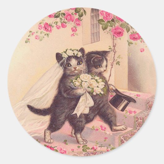 Vintage bruiloft katten bruid en bruidegom ronde sticker (Voorkant)