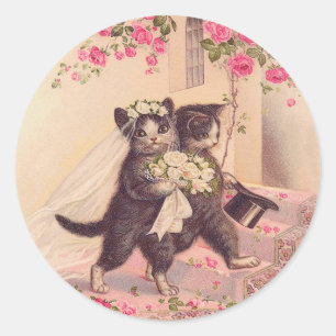 Vintage bruiloft katten bruid en bruidegom ronde sticker