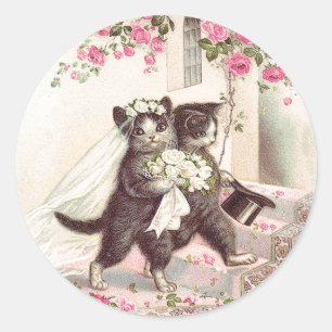 Vintage bruiloft katten bruid en bruidegom ronde sticker