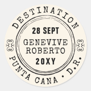 Vintage bruiloft paspoortstempel BEWERKBARE Sticke Ronde Sticker