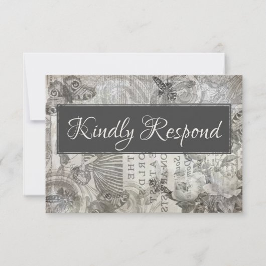 Vintage bruiloft RSVP Antiek Grijs & Wit (Voorkant)
