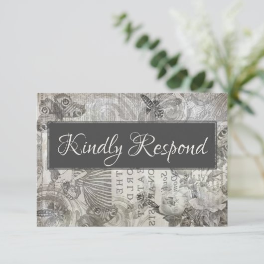 Vintage bruiloft RSVP Antiek Grijs & Wit (Staand voorkant)
