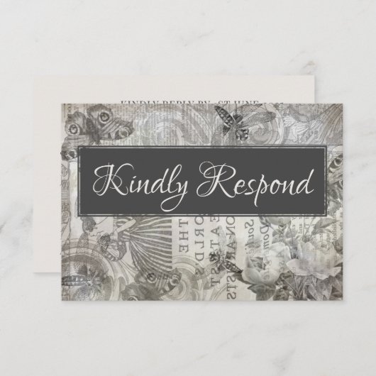 Vintage bruiloft RSVP Antiek Grijs & Wit (Voorkant / Achterkant)