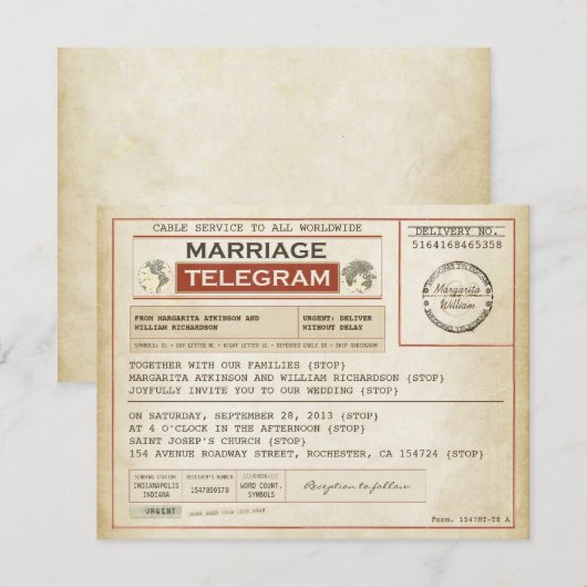 vintage BRUILOFT telegrammen Kaart (Voorkant / Achterkant)