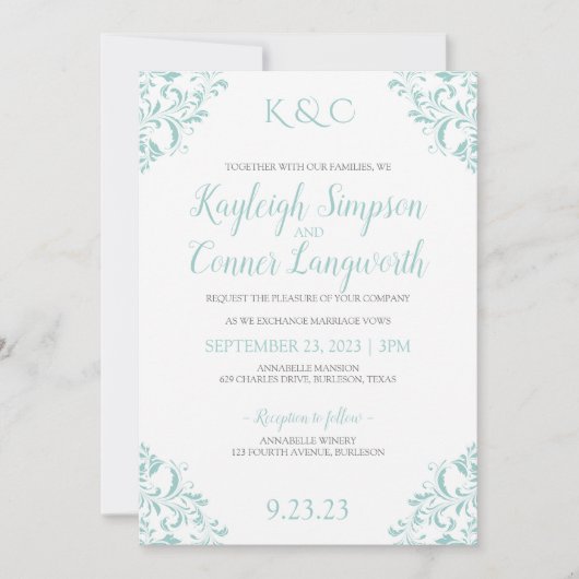 Vintage bruiloft uitnodigingen | licht turquoise-B (Voorkant)