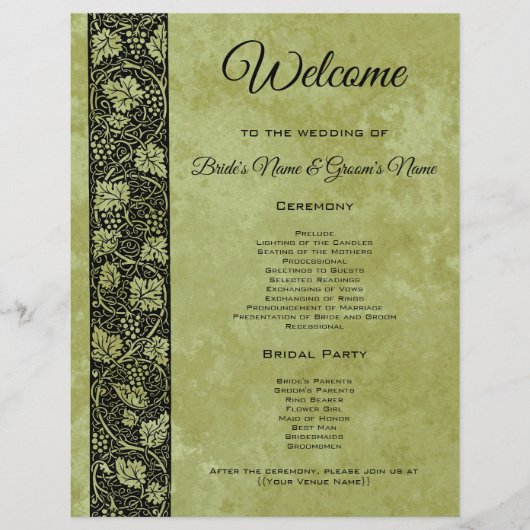 Vintage bruiloft, Victoriaans druivenstok programm (Voorkant)