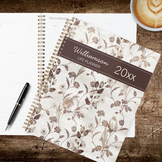 Vintage Bruin en Witte Bloemen Planner
