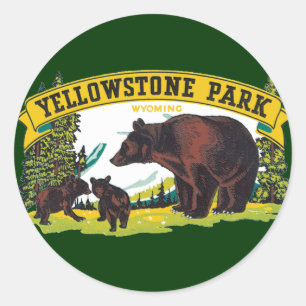 Vintage bruine beren in Yellowstone National Park Ronde Sticker