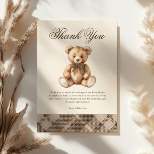 Vintage bruine geruite teddybeer babyshower bedankkaart