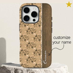 Vintage Bruine Lente Bloemen Houten Naam iPhone 16 Pro Hoesje