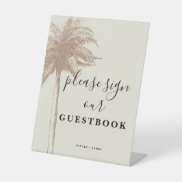 Vintage Bruine Palmboom Strand Trouwgastenboek Reclamebord Met Voetstuk