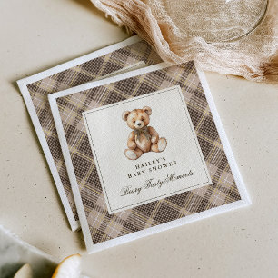 Vintage Bruine Tartan Teddybeer Babyborrel Servet