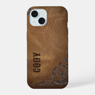 vintage bruine western cowboy leren initialen iPhone 15 case