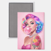 Vintage Bubblegum Pin-Up Girl Magnet – Glam Retro  (Voorkant / Achterkant)