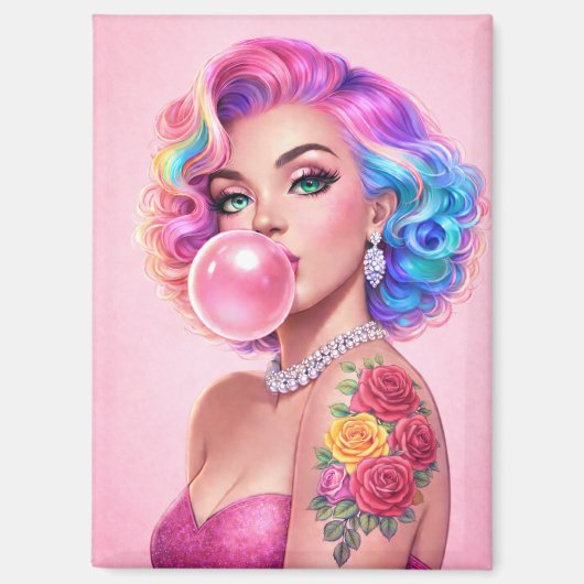 Vintage Bubblegum Pin-Up Girl Magnet – Glam Retro  (Voorkant)