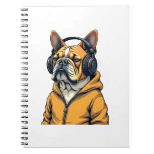 Vintage Bulldog met hoofdtelefoon die hoodie draag Notitieboek