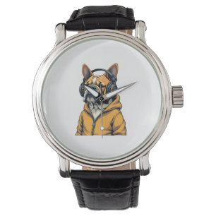 Vintage Bulldog met koptelefoon die hoodie draagt Horloge
