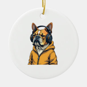 Vintage Bulldog met koptelefoon die hoodie draagt  Keramisch Ornament