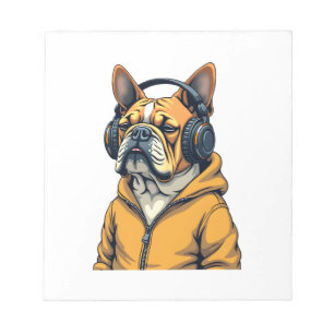 Vintage Bulldog met koptelefoon die hoodie draagt Notitieblok