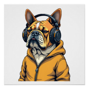 Vintage Bulldog met Koptelefoon die Hoodie Muziek Perfect Poster