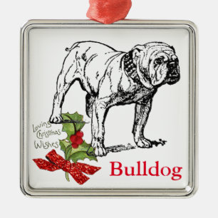 Vintage Bulldog -Naam invoegen- 'Glitter' Strik Ke Metalen Ornament
