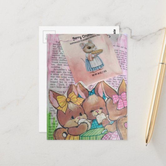 Vintage Bunnies and Mouse Collage Briefkaart (Voorkant / Achterkant in situ)