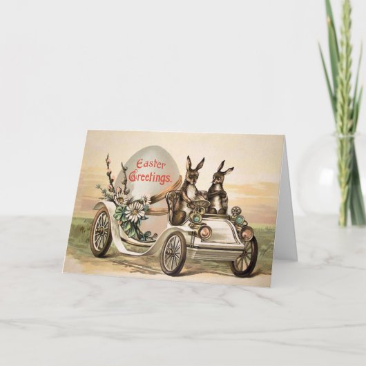 Vintage Bunnies Driving Easter Card Feestdagen Kaart (Voorkant)