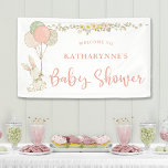 Vintage Bunny Rustic Floral Baby shower Spandoek<br><div class="desc">Cute Bunny Rustic Floral Baby shower Welcome Banner in zoete tinten van sage groen, crème en zacht roze. Dit ontwerp is voorzien van een schattig konijnenkonijn met een bouquet van feestballonnen met een patroon van poka-stippen en zachte floralen op een witte achtergrond. Een bloei botanische bloemen vult de rustige typografie...</div>