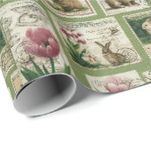 Vintage Bunny & Tulip Stamps Easter Wrapping Paper Cadeaupapier (Rol Hoek)