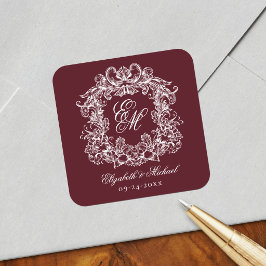 Vintage Burgundy Elegant Wedding Monogram Crest Vierkante Sticker
