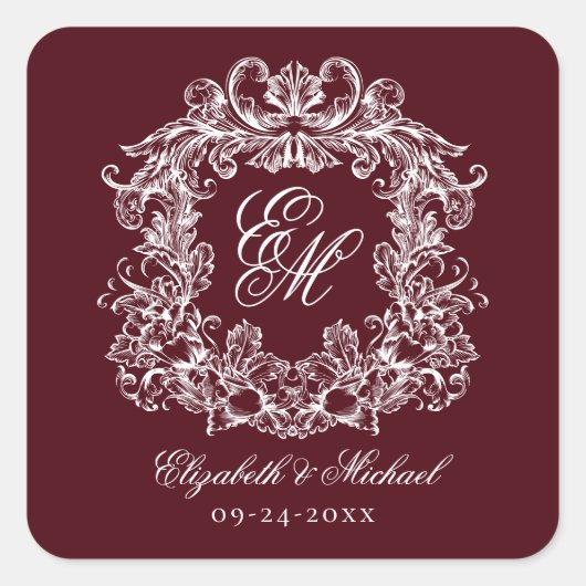 Vintage Burgundy Elegant Wedding Monogram Crest Vierkante Sticker (Voorkant)