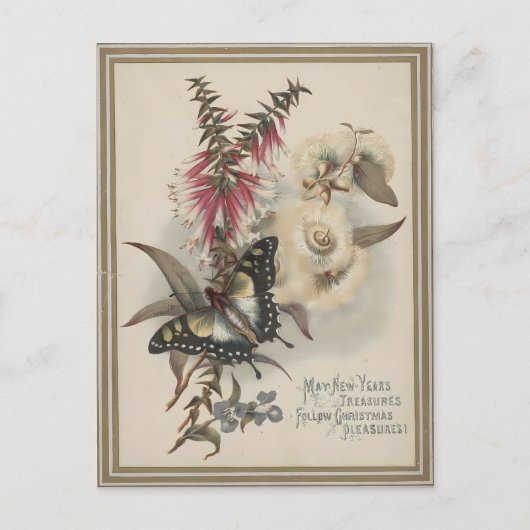 Vintage Butterfly & Australian Flowers Christmas Briefkaart (Voorkant)