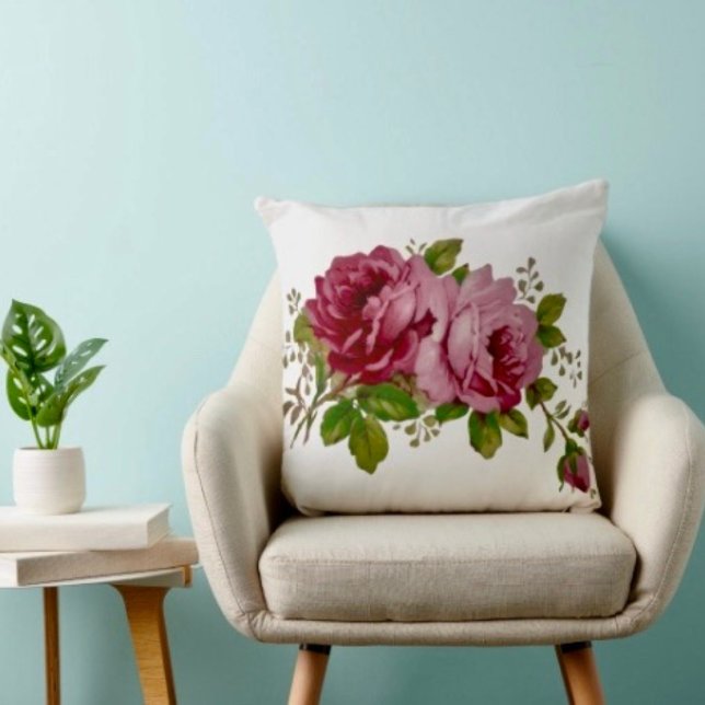 Vintage Cabbage Rose Elegance Kussen (Throw Pillow 100% polyester heavyweight stretch material. Hidden zipper Made in the USA.)
