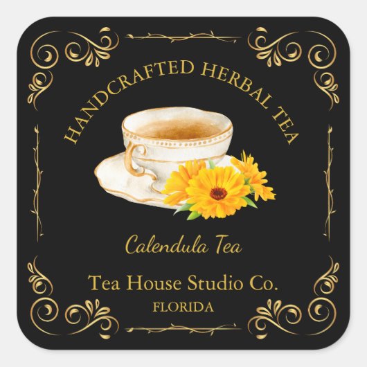Vintage Calendula Thee Vierkante Label (Voorkant)