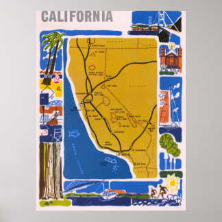 Vintage California kaartposter 1950 Poster