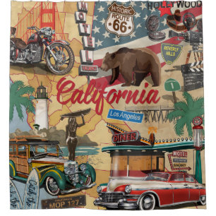 Vintage California poster with tourist Douchegordijn