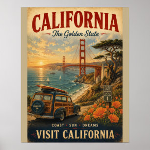 Vintage Californische Reisposter met Golden Gate Poster